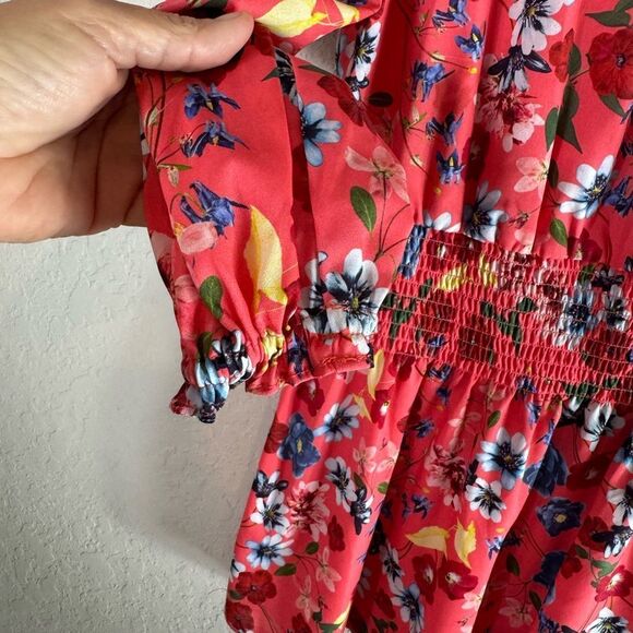 Parker Smocked Drop Waist Mini Dress Floral Deep Coral Size S - Picture 11 of 11